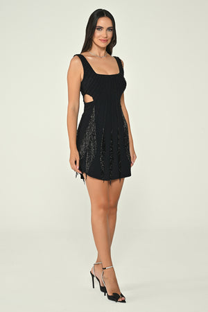 Strappy Rhinestone Fringed Crepe Mini Dress
