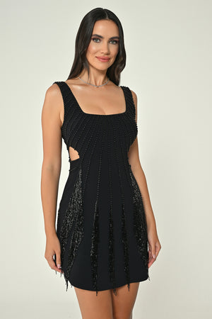 Strappy Rhinestone Fringed Crepe Mini Dress