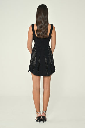 Strappy Rhinestone Fringed Crepe Mini Dress