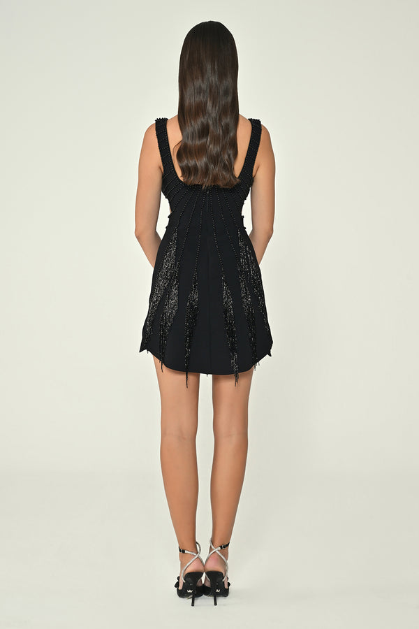 Strappy Rhinestone Fringed Crepe Mini Dress