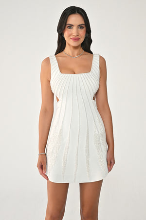 Strappy Rhinestone Fringed Crepe Mini Dress