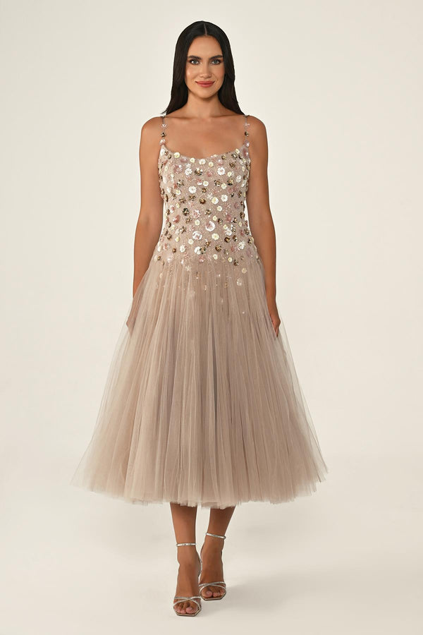 Strappy Sequin 3D Floral Embellished Tulle Midi Dress