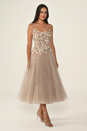 Strappy Sequin 3D Floral Embellished Tulle Midi Dress