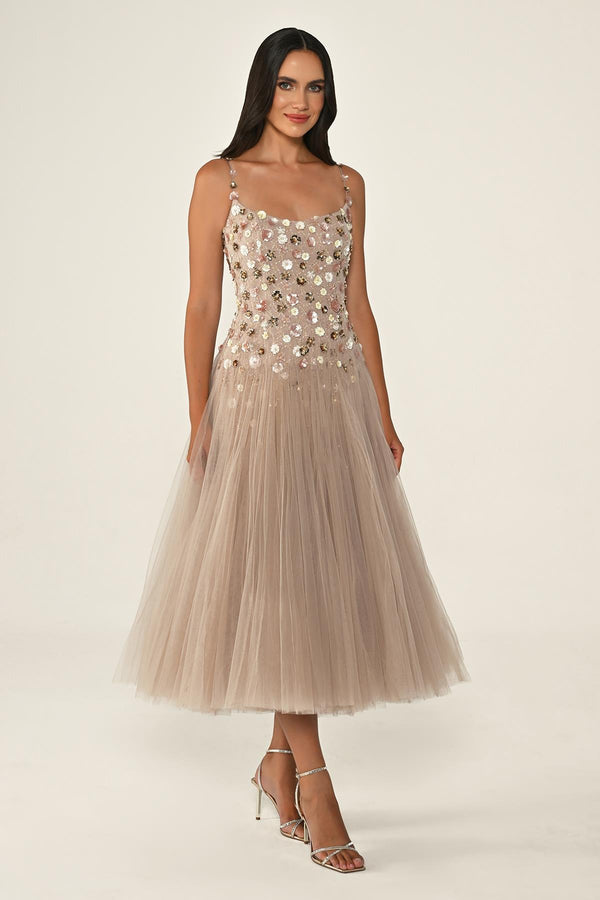 Strappy Sequin 3D Floral Embellished Tulle Midi Dress