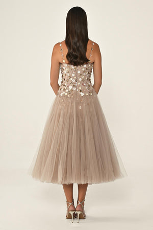 Strappy Sequin 3D Floral Embellished Tulle Midi Dress