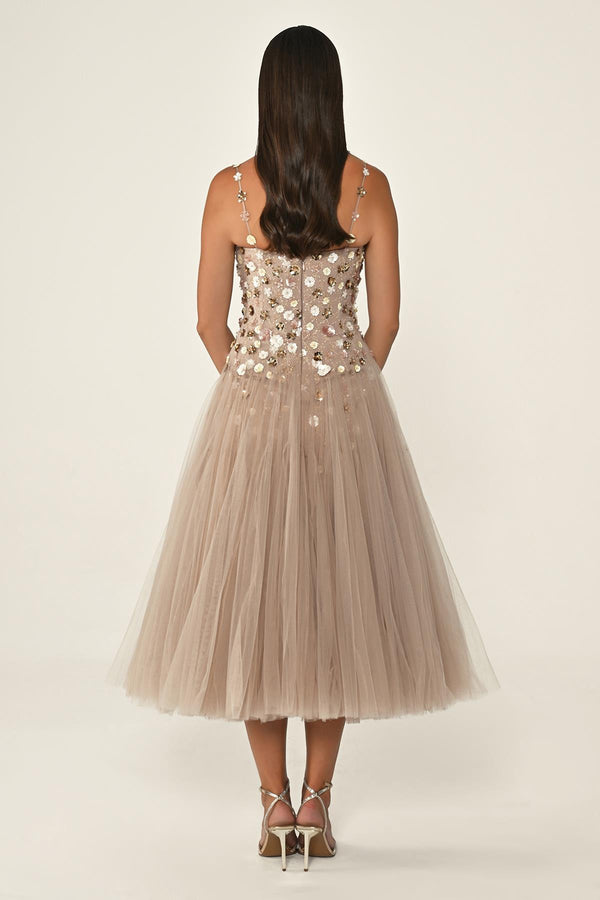 Strappy Sequin 3D Floral Embellished Tulle Midi Dress