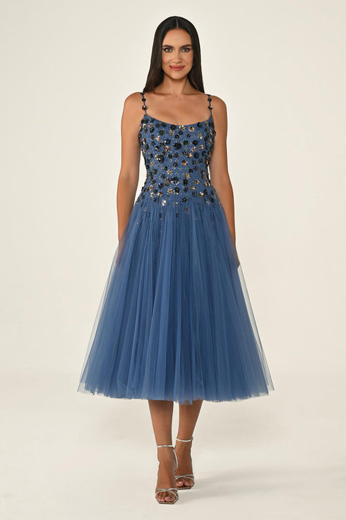 Strappy Sequin 3D Floral Embellished Tulle Midi Dress