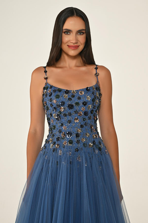 Strappy Sequin 3D Floral Embellished Tulle Midi Dress