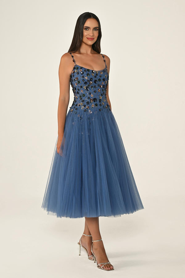 Strappy Sequin 3D Floral Embellished Tulle Midi Dress