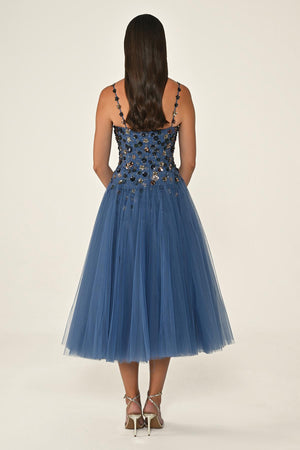 Strappy Sequin 3D Floral Embellished Tulle Midi Dress