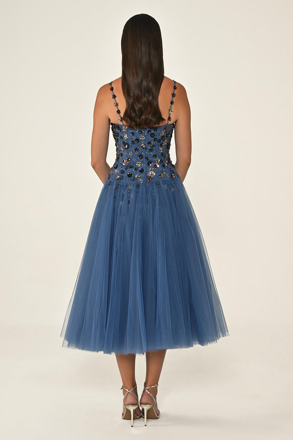 Strappy Sequin 3D Floral Embellished Tulle Midi Dress