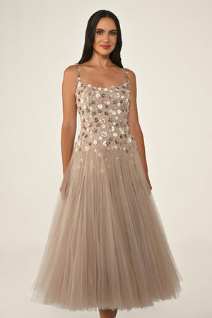 Strappy Sequin 3D Floral Embellished Tulle Midi Dress