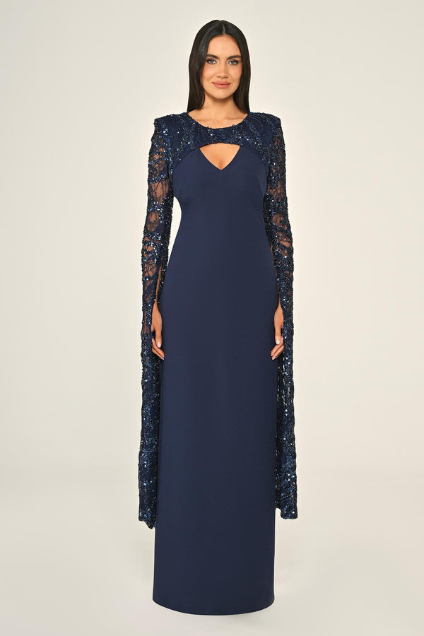 Embroidered Sequin Shawl Sleeve Crepe Long Dress