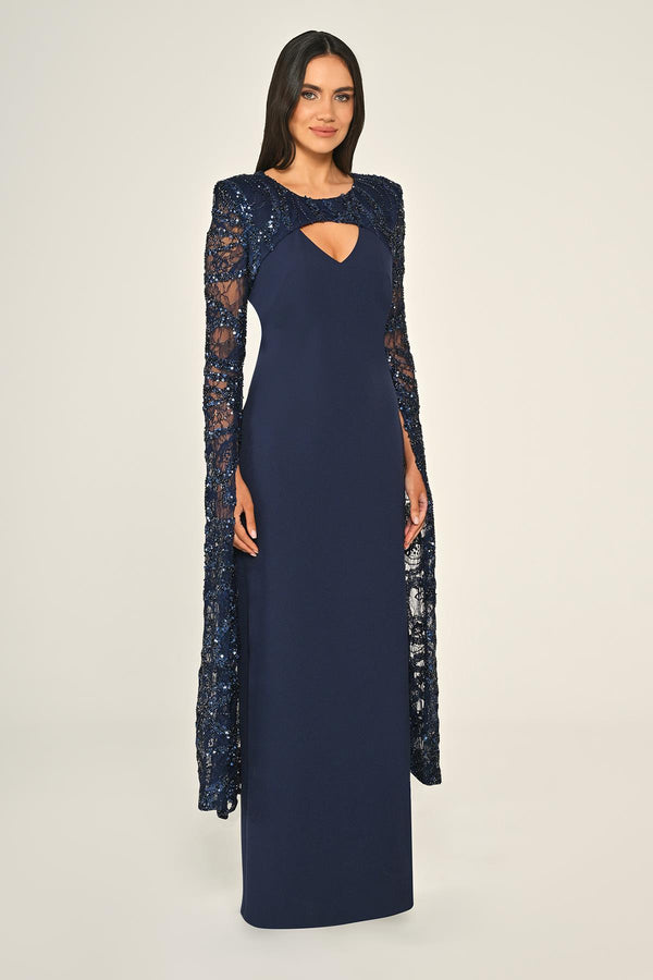 Embroidered Sequin Shawl Sleeve Crepe Long Dress