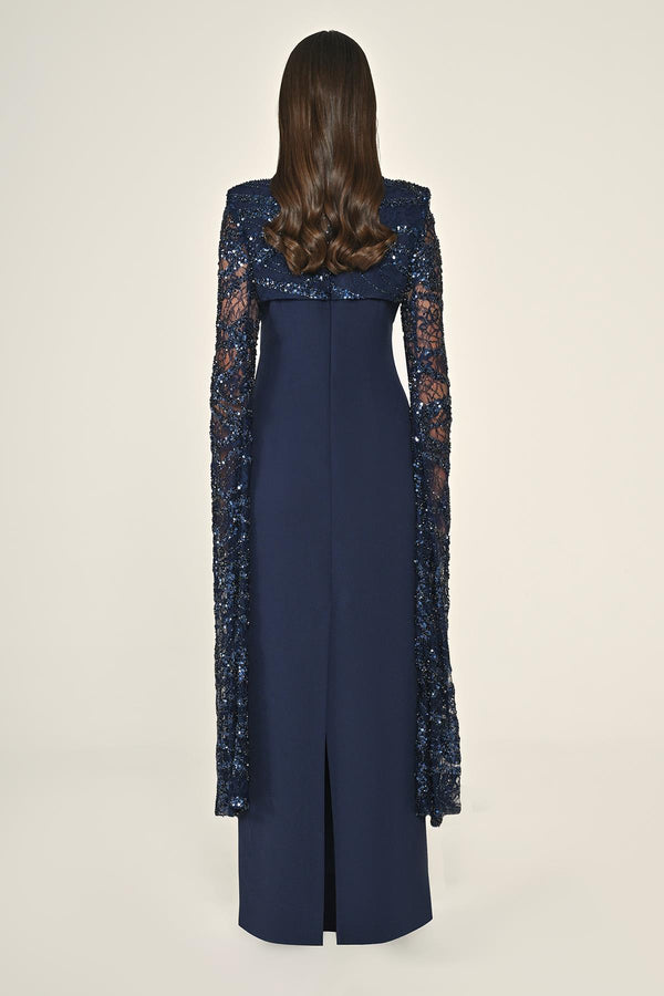 Embroidered Sequin Shawl Sleeve Crepe Long Dress