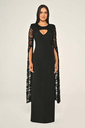 Embroidered Sequin Shawl Sleeve Crepe Long Dress