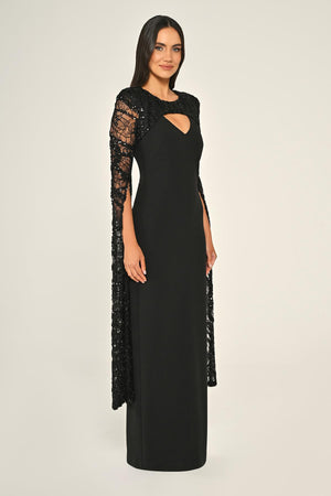 Embroidered Sequin Shawl Sleeve Crepe Long Dress