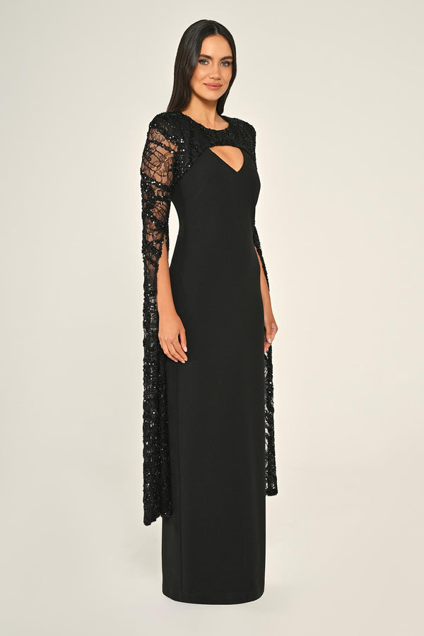 Embroidered Sequin Shawl Sleeve Crepe Long Dress