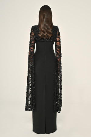 Embroidered Sequin Shawl Sleeve Crepe Long Dress