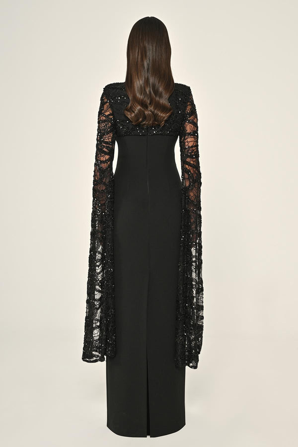 Embroidered Sequin Shawl Sleeve Crepe Long Dress