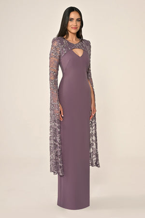 Embroidered Sequin Shawl Sleeve Crepe Long Dress