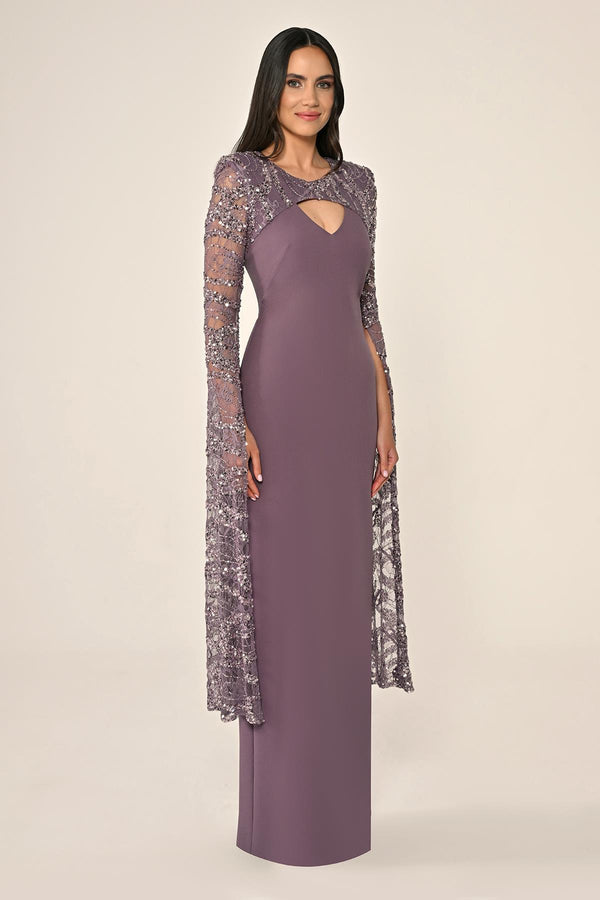 Embroidered Sequin Shawl Sleeve Crepe Long Dress