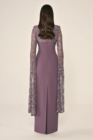 Embroidered Sequin Shawl Sleeve Crepe Long Dress