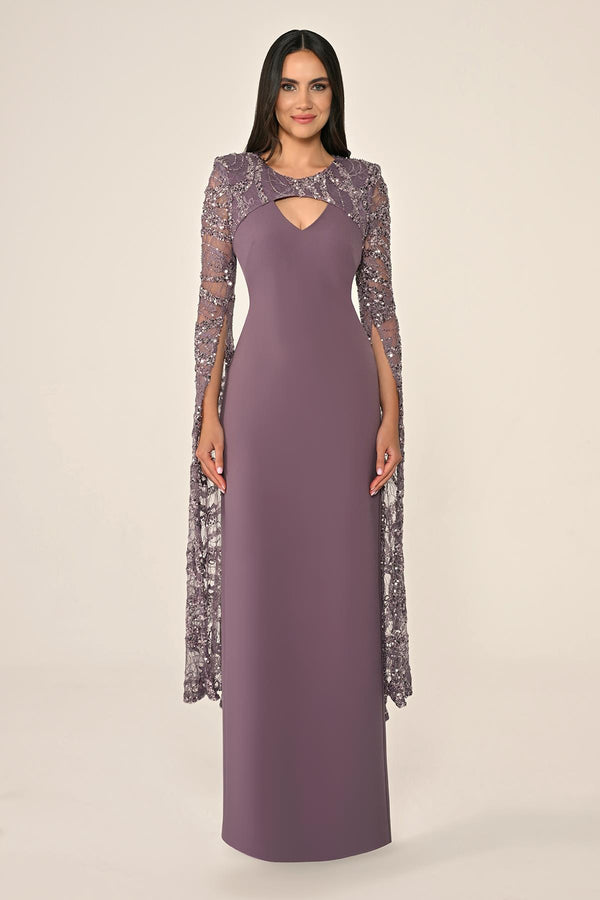 Embroidered Sequin Shawl Sleeve Crepe Long Dress