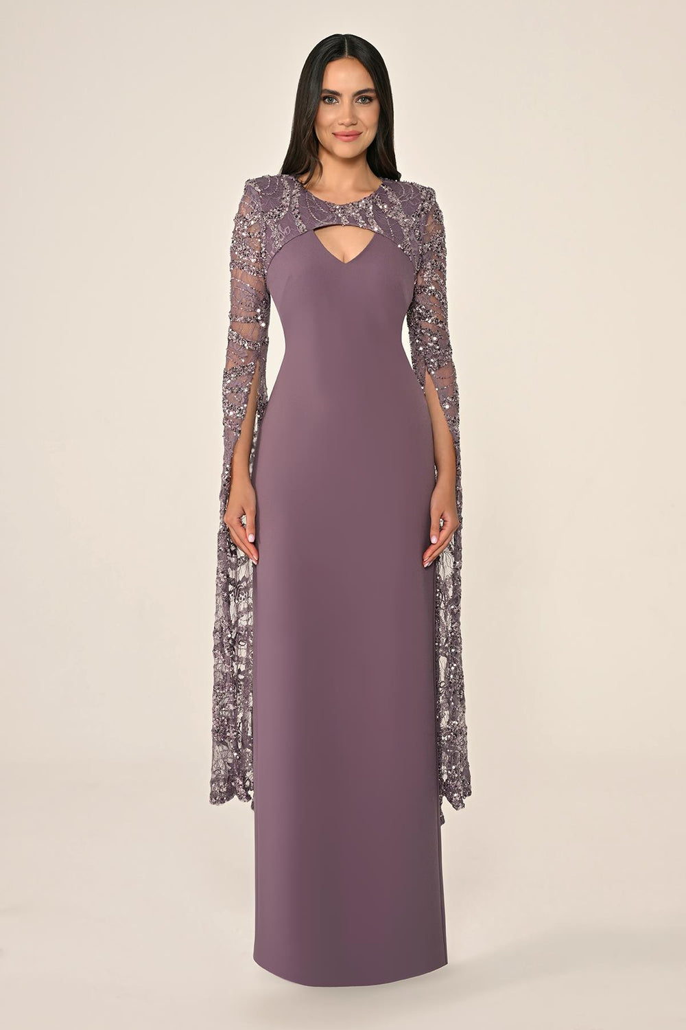 Embroidered Sequin Shawl Sleeve Crepe Long Dress