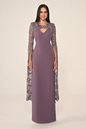 Embroidered Sequin Shawl Sleeve Crepe Long Dress