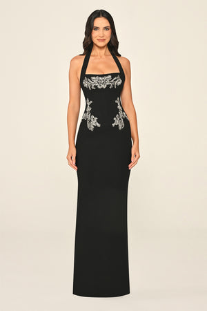 Halter Neck Embellished Crepe Long Dress