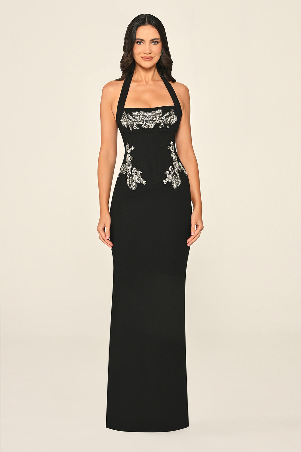 Halter Neck Embellished Crepe Long Dress