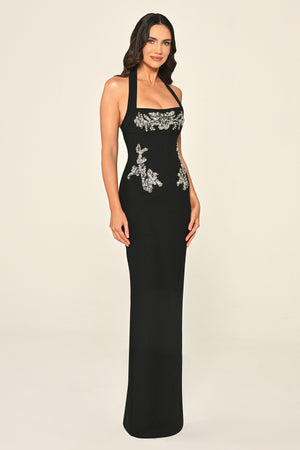Halter Neck Embellished Crepe Long Dress