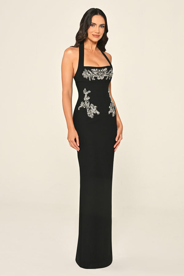 Halter Neck Embellished Crepe Long Dress