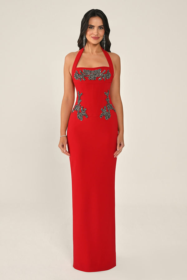 Halter Neck Embellished Crepe Long Dress