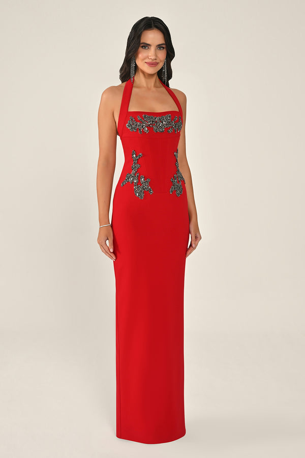 Halter Neck Embellished Crepe Long Dress