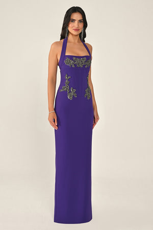 Halter Neck Embellished Crepe Long Dress
