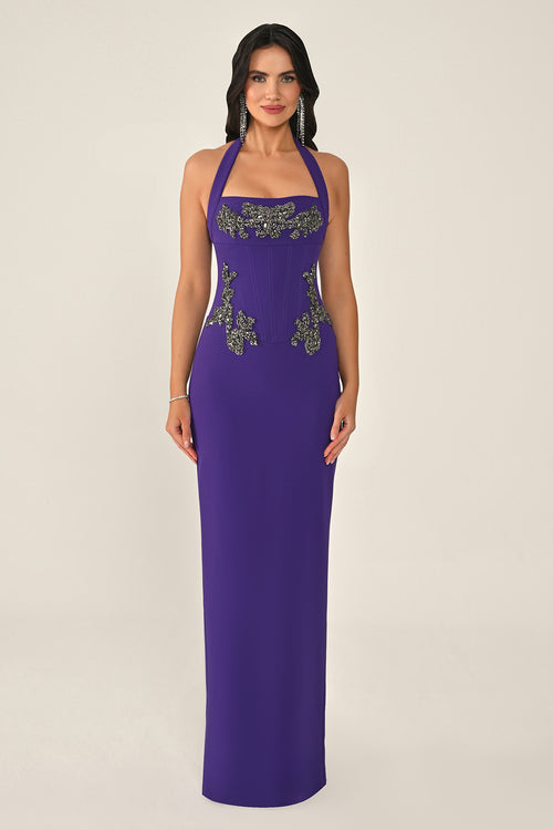 Halter Neck Embellished Crepe Long Dress