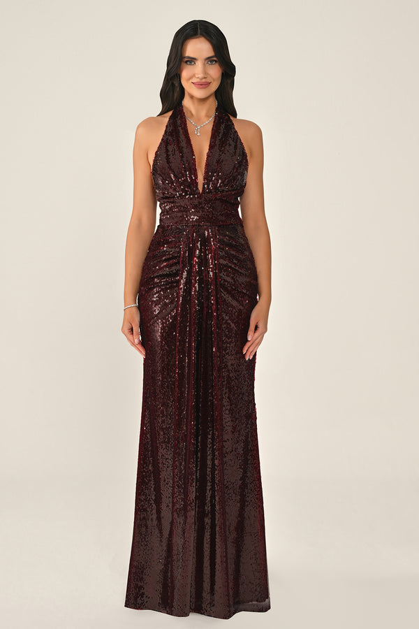 Halter Neck V-Neck Draped Sequin Long Dress