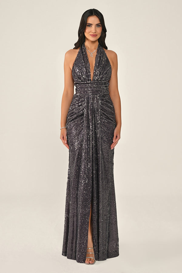 Halter Neck V-Neck Draped Sequin Long Dress