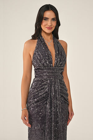 Halter Neck V-Neck Draped Sequin Long Dress