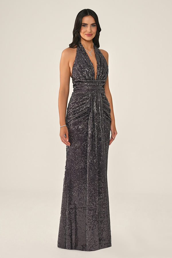 Halter Neck V-Neck Draped Sequin Long Dress
