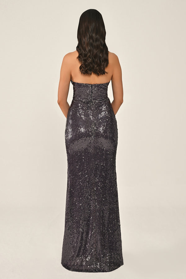 Halter Neck V-Neck Draped Sequin Long Dress