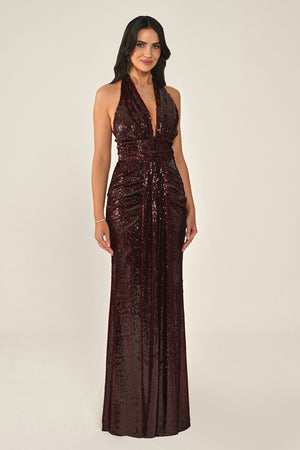 Halter Neck V-Neck Draped Sequin Long Dress