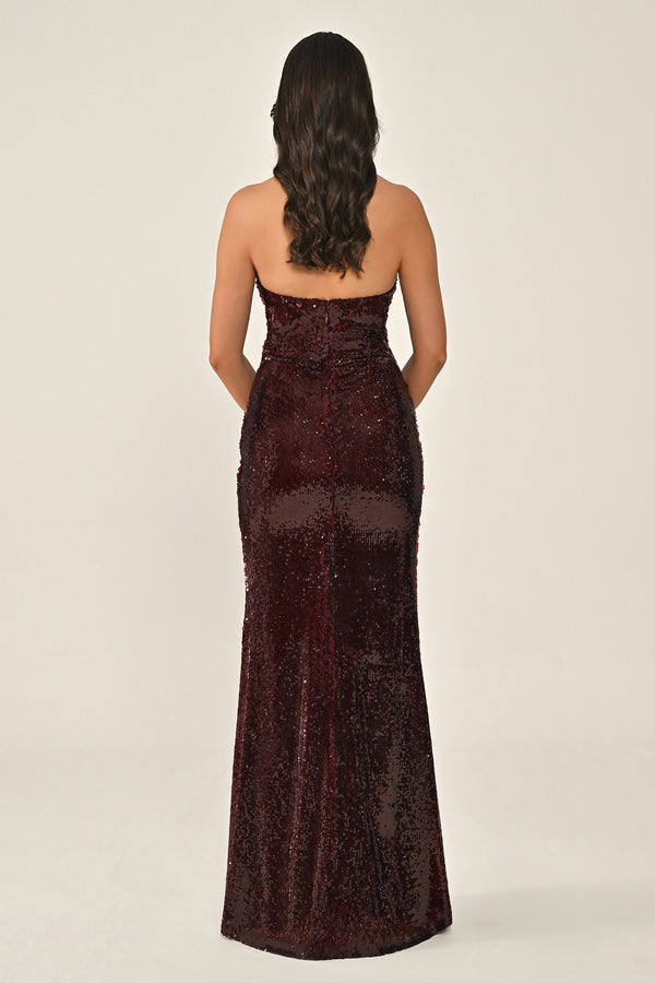 Halter Neck V-Neck Draped Sequin Long Dress