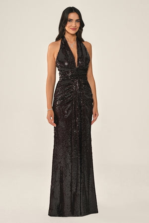 Halter Neck V-Neck Draped Sequin Long Dress