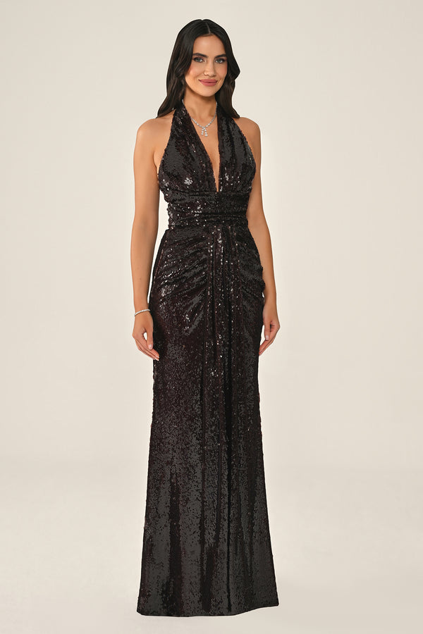 Halter Neck V-Neck Draped Sequin Long Dress