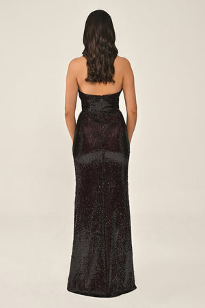 Halter Neck V-Neck Draped Sequin Long Dress