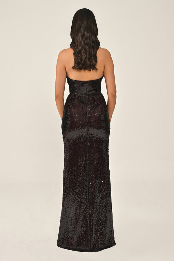 Halter Neck V-Neck Draped Sequin Long Dress