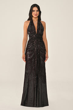 Halter Neck V-Neck Draped Sequin Long Dress
